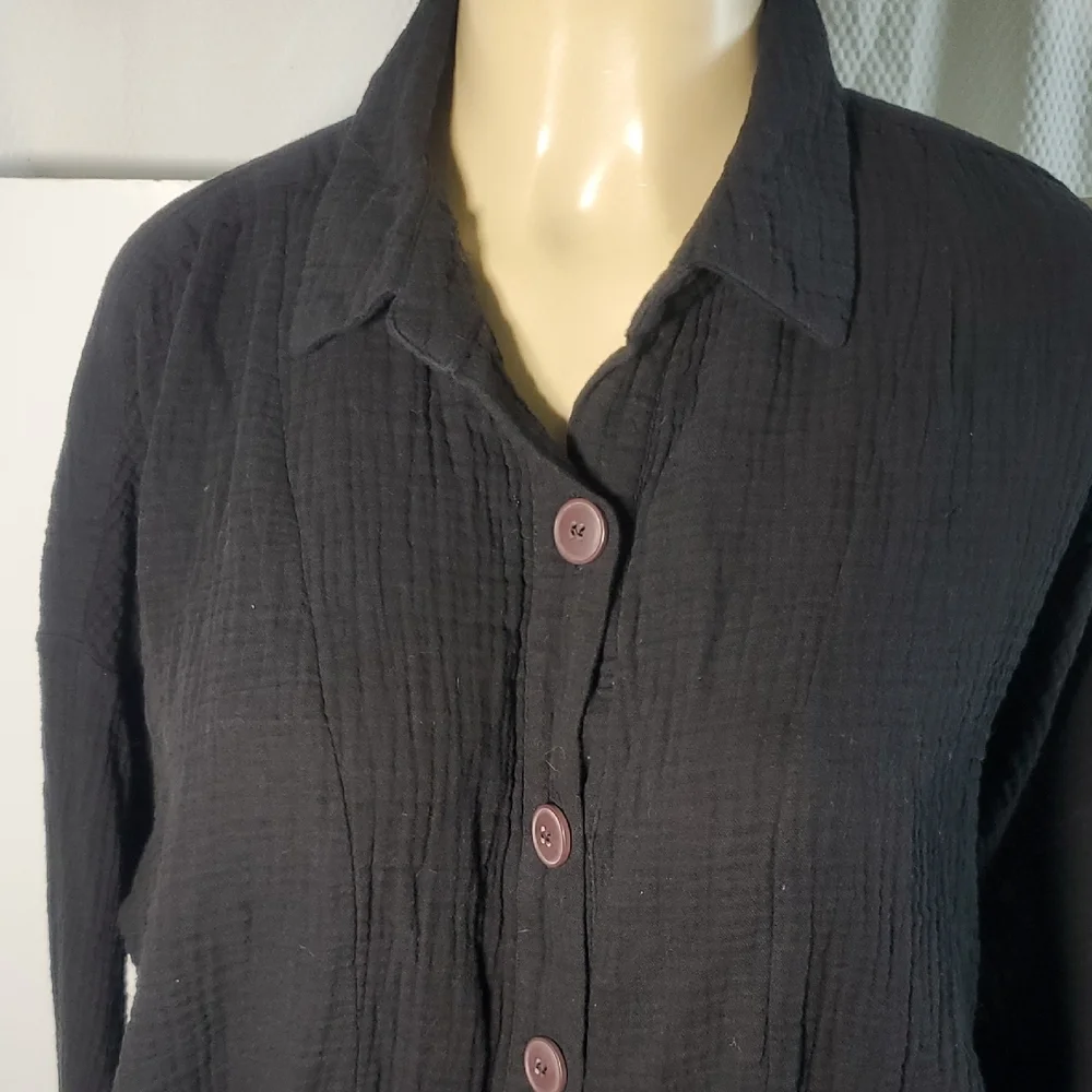 Free People Women's Sun streaks Tie Front long sleeve Black blouse Sz L
